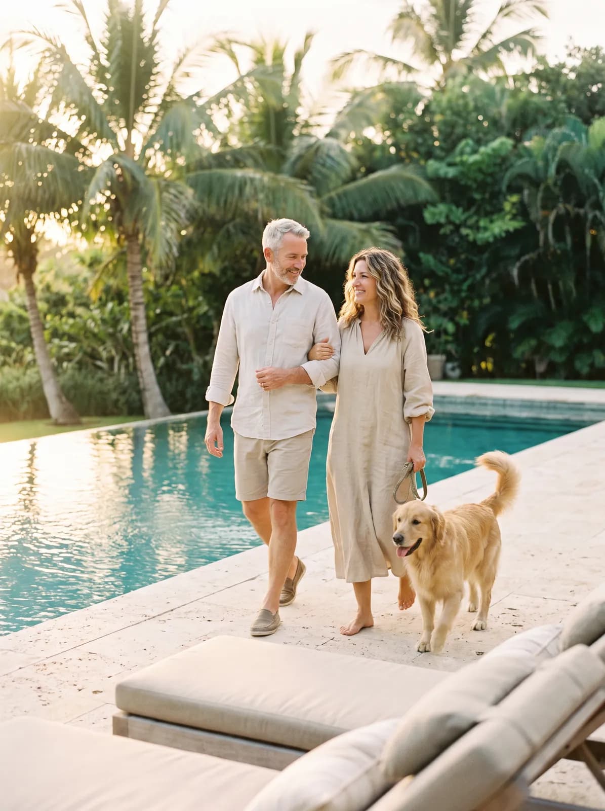 Pareja paseando a su perro junto a la piscina
